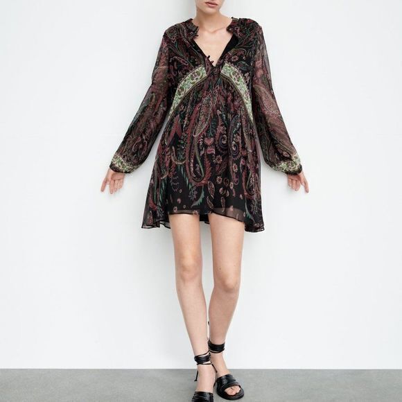 NEW ZARA FLOWY PRINTED DRESS MINI LONG SLEEVE BUTTONED‎ SLIT CUFF WOMENS SIZE XS - Picture 1 of 7